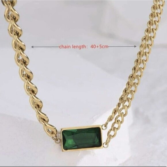 18K Gold Plated Cuban chain Necklace SET Stainless Steel green emerald NEW - Picture 12 of 12